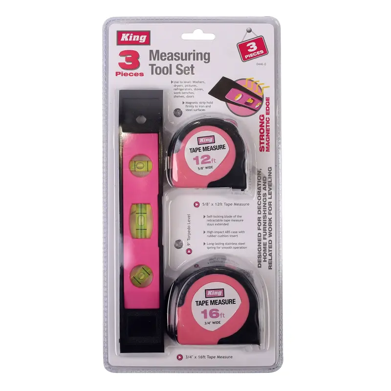 3-Piece Pink Measuring Tool Set – Ruler, Level, Tape Measure 1