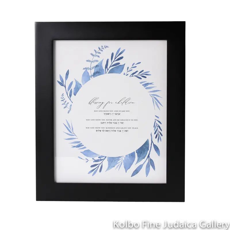 Blessing For Children Print – Bilingual English & Hebrew With Blue Leaf Motif And Black Frame 1