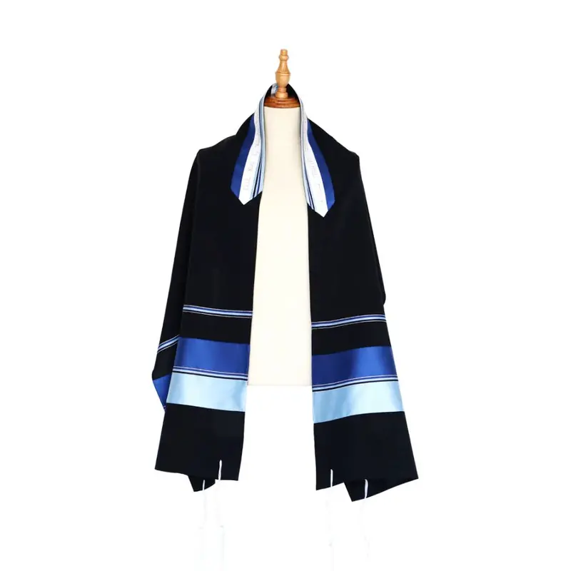 Blue-And-Silver Tallit Set With Multicolored Stripes On Deep Navy Ground 1