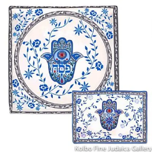 Blue Hamsa Matzah & Afikomen Cover Set – Luxurious Silk Ritual Linens 1