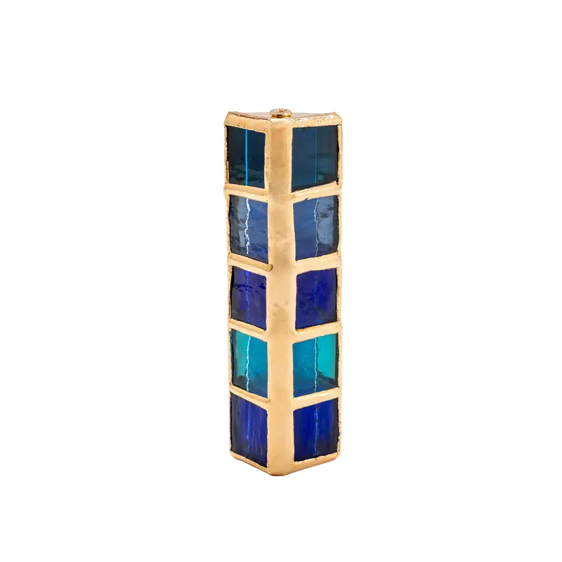 Blue Stained Glass Mezuzah Case With 24K Gold-Plated Frame 1