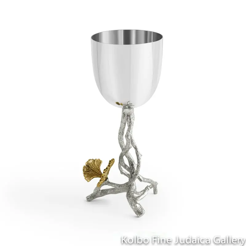 Butterfly And Ginkgo-Themed Kiddush Cup In Natural Brass With Stainless Steel And Nickel Plating 1