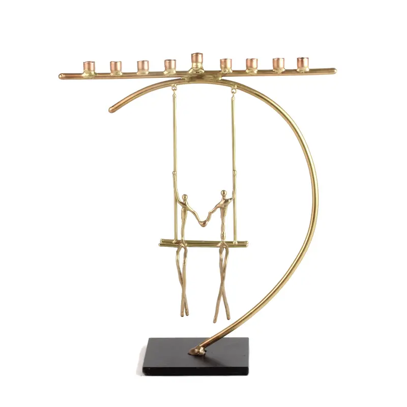 Copper-And-Brass Menorah – Minimalist Swing Sculpture With Uniform Candle Holders 1
