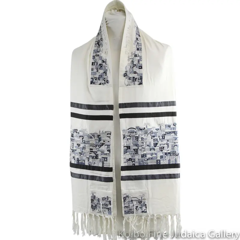 Cotton Tallit Set With Grey-And-Silver Embroidered Jerusalem Motif 1
