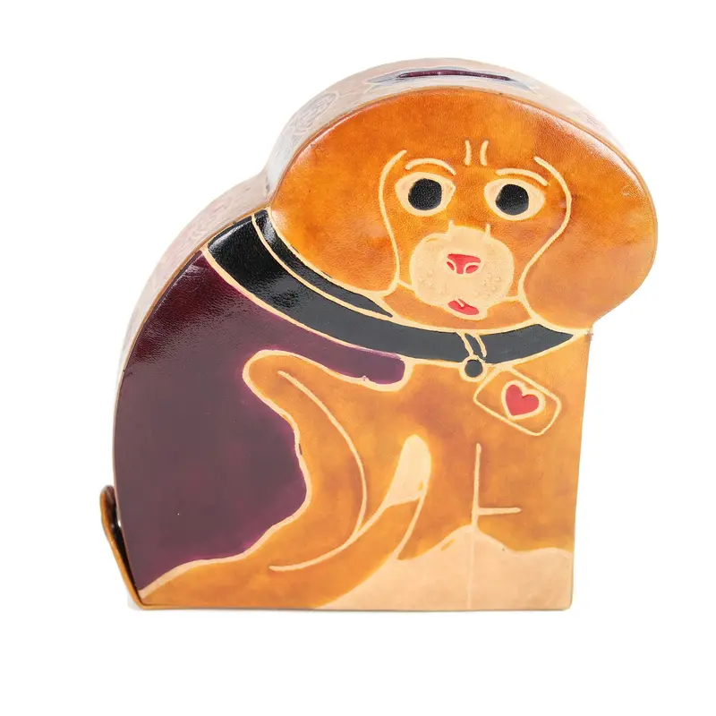 Dog-Themed Tzedakah Box – Hand-Tooled Leather With Artistic Paint Detailing 1