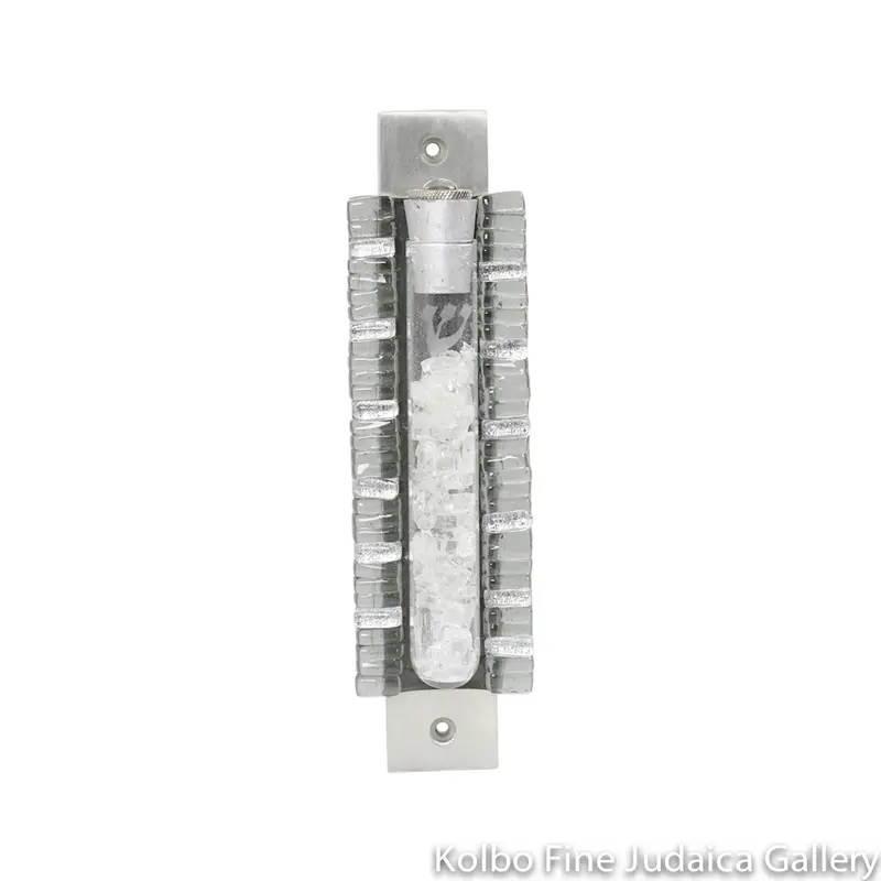 Double-Sided Wedding Mezuzah Featuring Iridescent Gray And Silver Glass 1