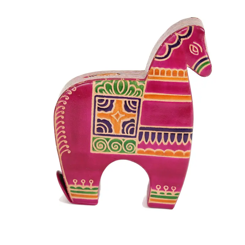 Equestrian-Inspired Tzedakah Box – Painted Leather With Horse Motif 1