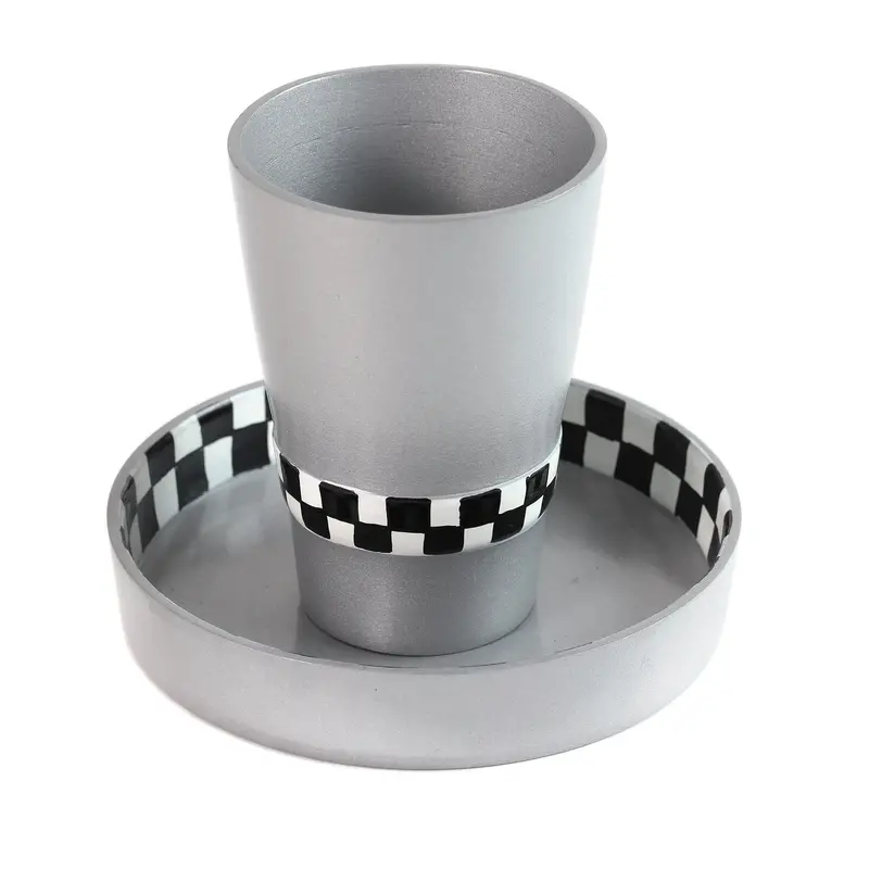 Gray Ceramic Kiddush Cup And Matching Saucer Featuring Hand-Painted Black-And-White Checker Design 1