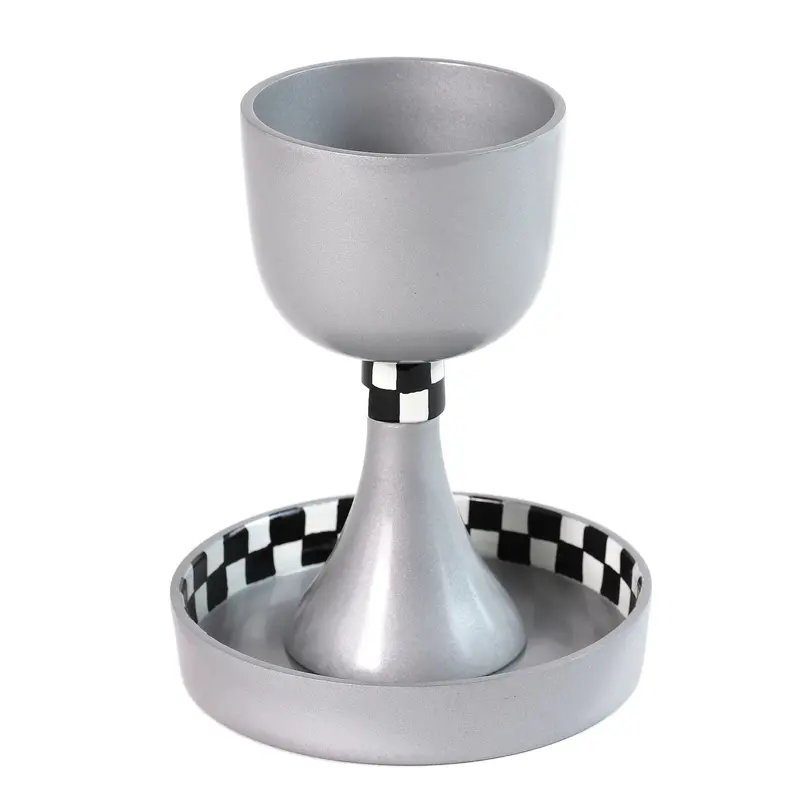 Gray Ceramic Kiddush Cup And Saucer With Black-And-White Hand-Painted Checkerboard Motif 1