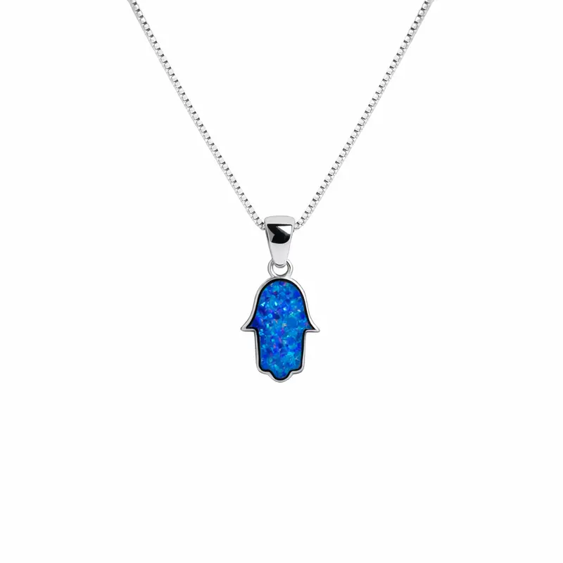 Hamsa Pendant Necklace Featuring Blue Opal Inlay, Crafted In Sterling Silver With Matching Chain 1