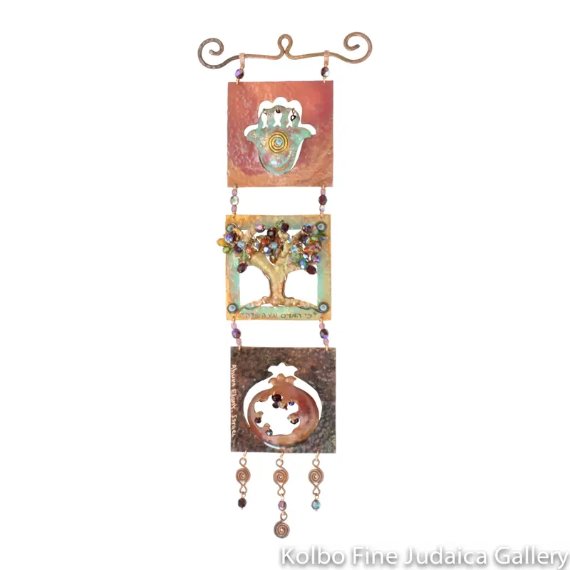 Hamsa, Pomegranate & Tree Of Life Wall Art: Trio Of 2" Copper Squares With Beaded Detail 1