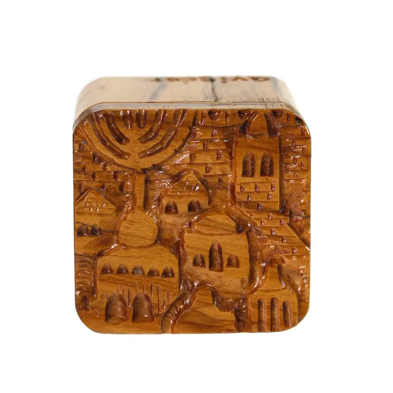 Hand-Carved Olive Wood Box For Jewelry Or Spices, Featuring Jerusalem Motif 1