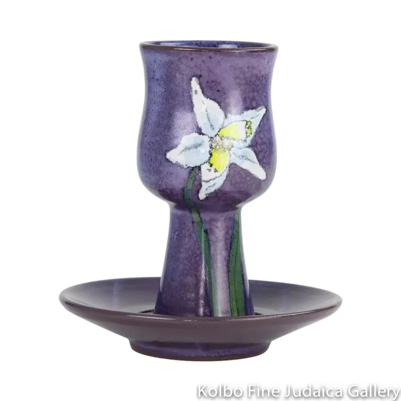 Hand-Painted Ceramic Kiddush Cup Set With Floral Motif And Soft Purple Glaze 1