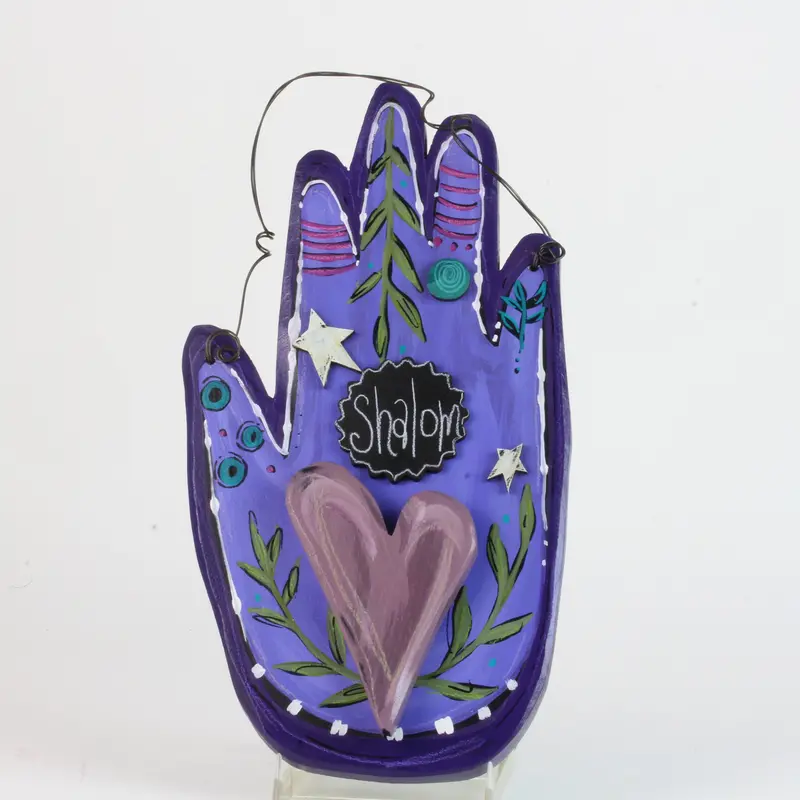 Hand-Painted Purple Hamsa Wall Decor Featuring Shalom And Heart Design 1