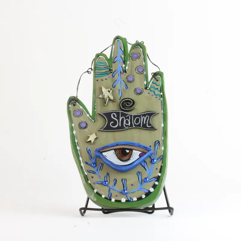 Hand-Painted Wooden Hamsa Wall Art Featuring 'Shalom' And Eye Motif On Brown Background 1