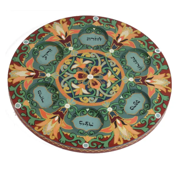 Hand-Painted Wooden Seder Plate – Orange Florals With Red-And-Green Detail + Glass Bowls 1