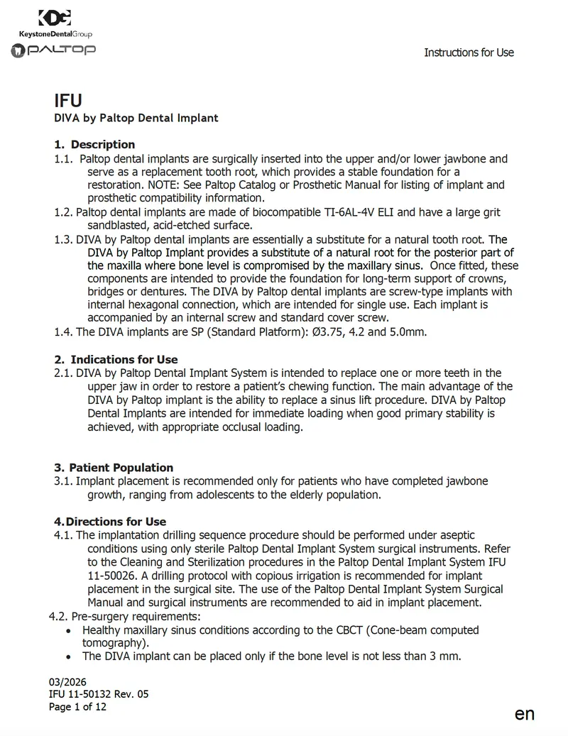 Ifu Diva Dental Implant Instructions For Use | Ce Marked & Fda-Cleared Documentation 1
