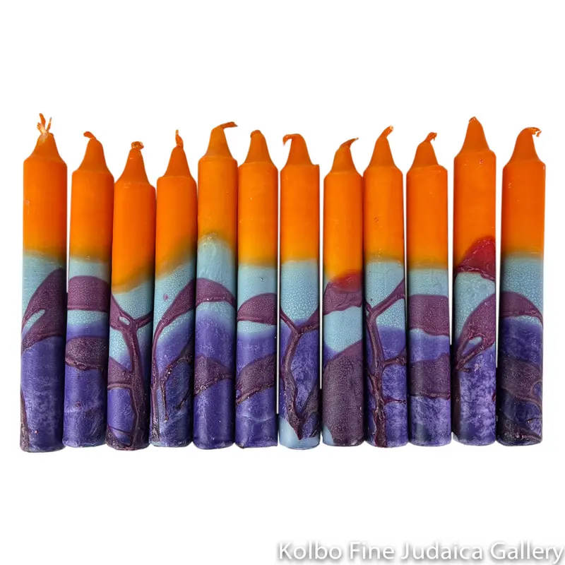 Israeli-Made Shabbat Candle Set: Orange, Turquoise, And Blue Tapers (12-Pack) 1