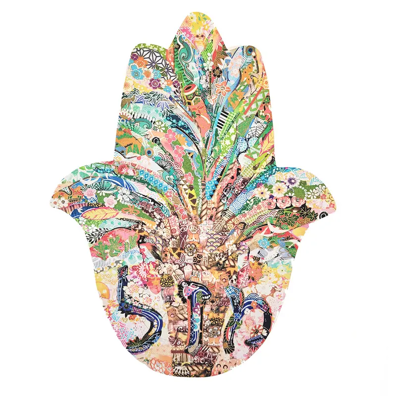 Japanese Paper Collage Hamsa Print – Medium Size With Adhesive Backing 1