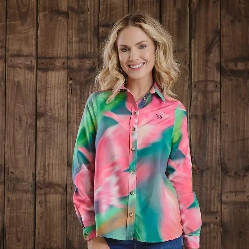 Kingsley Kaleidoscope Bold Floral Silk-Blend Slim Shirt – Teal 1
