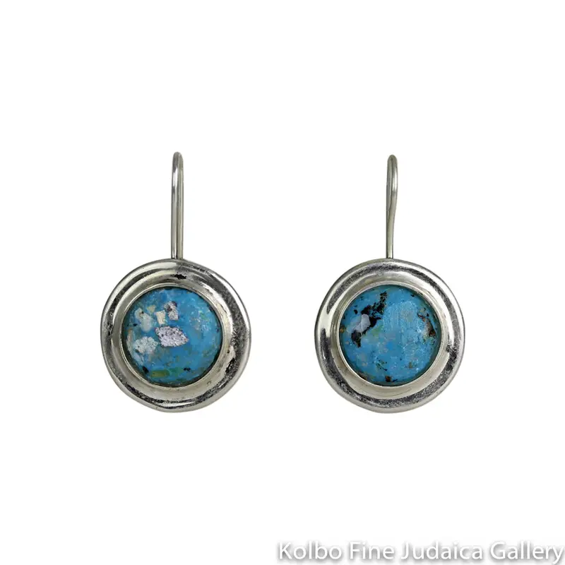 Large Round Blue Roman Glass Earrings — Sterling Silver Mount 1