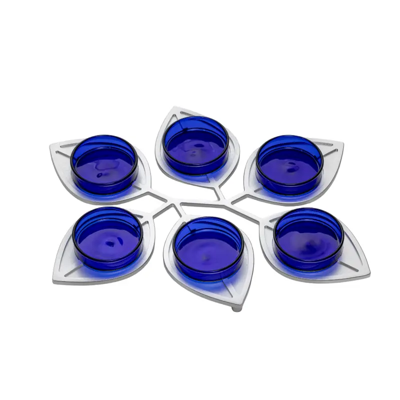 Leaf-Design Seder Plate – Silver Anodized Aluminum With Blue Glass Cups 1