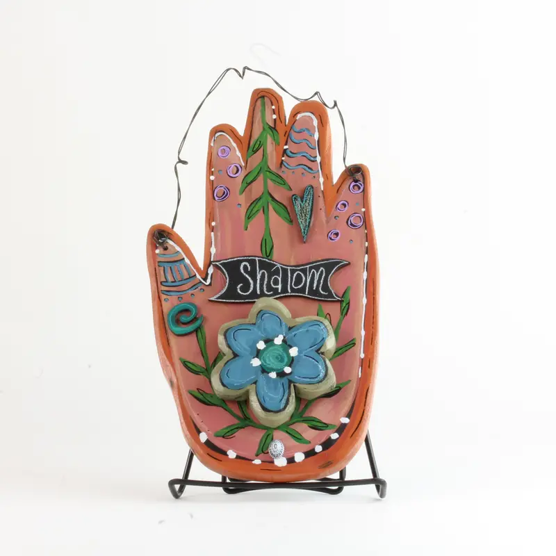 Light Pink Wooden Hamsa Wall Hanging With Delicate Flower Motif And 'Shalom' 1