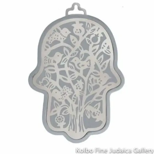 Minimalist Gray Aluminum Hamsa Wall Decor Featuring Tree Of Life Silhouette 1