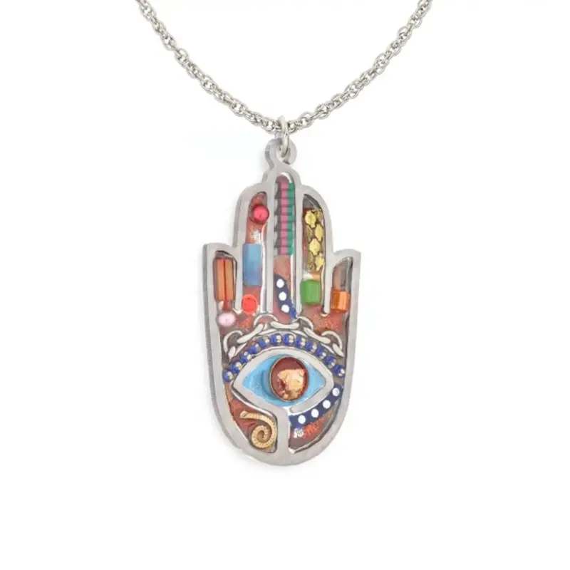 Multicolor Artazia Hamsa Pendant – Resin, Crystals, And Blue Beads On Stainless Steel 1
