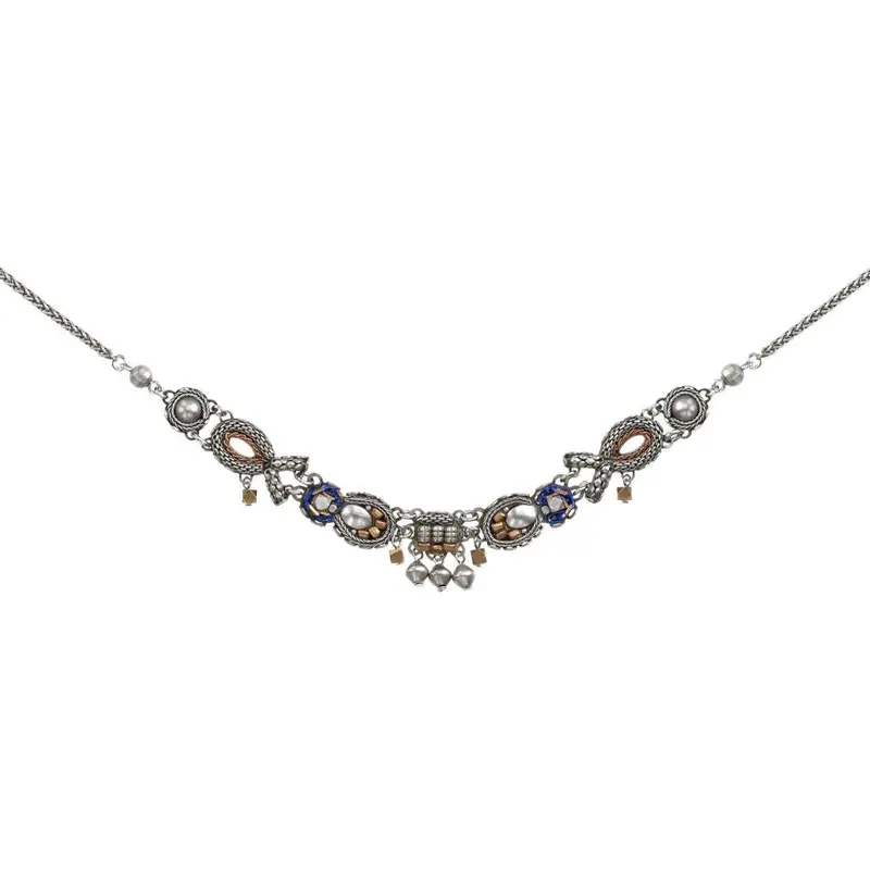 Multilayered Beaded Necklace – Vibrant Blue Accents Across Mixed Metals 1