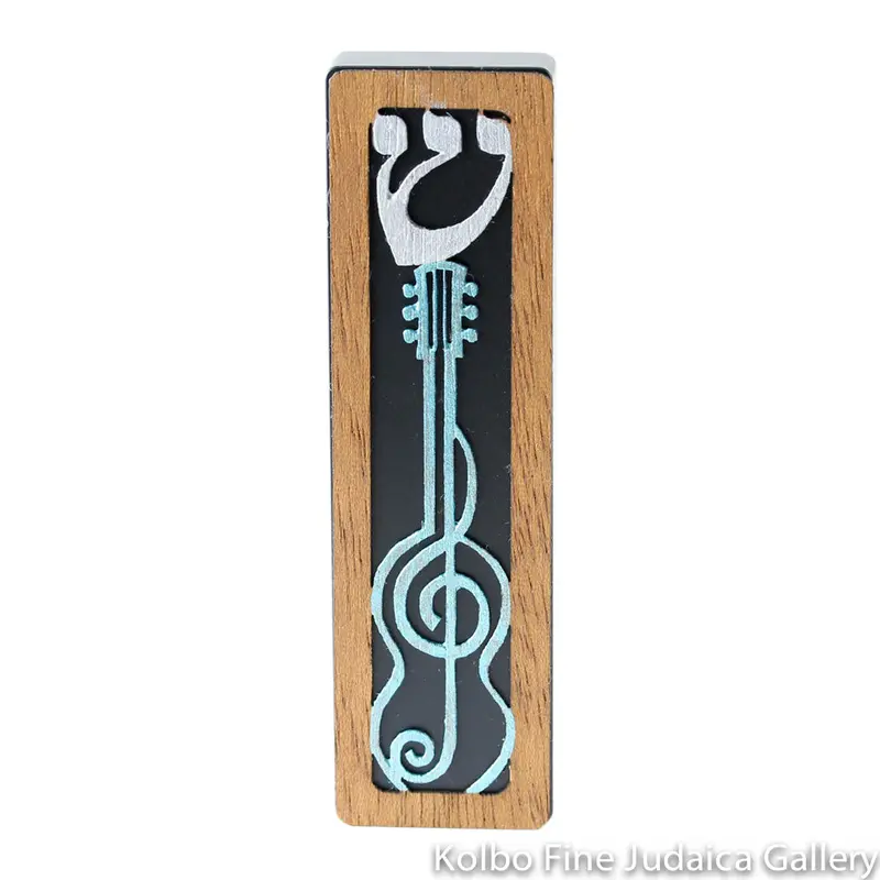 Musical Mezuzah Case – Guitar-Shaped Design With Blue Body & Silver Shin 1