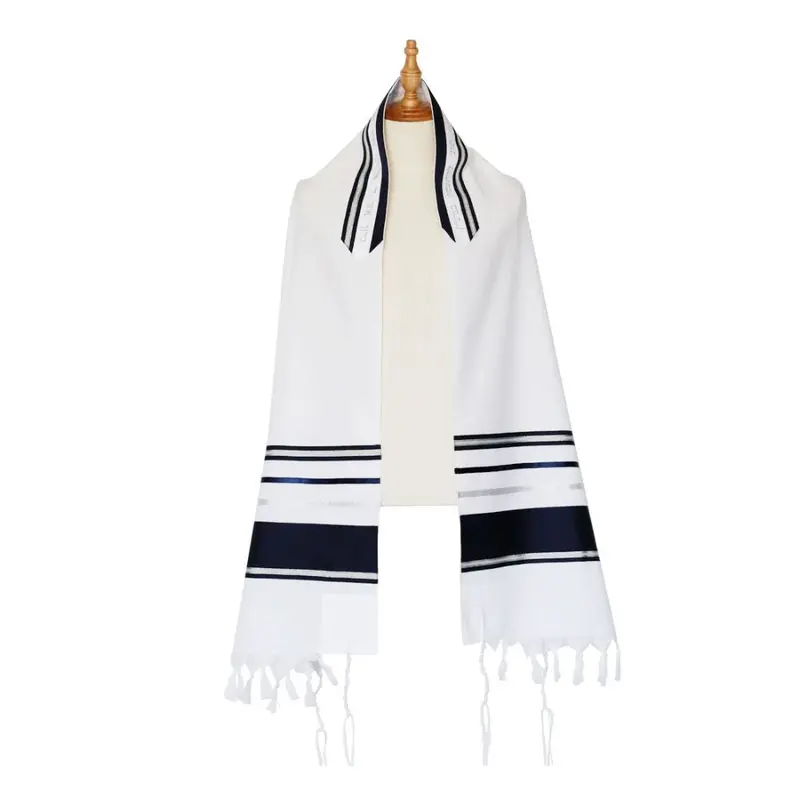Navy-And-Silver Striped Tallit Set In Light Wool – Three-Piece Collection 1