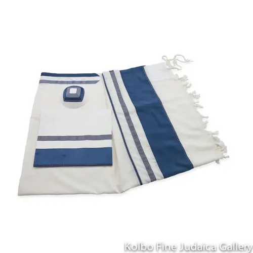 Navy And White Striped Wool Tallit Set — Wide-Band Three-Piece Ensemble 1