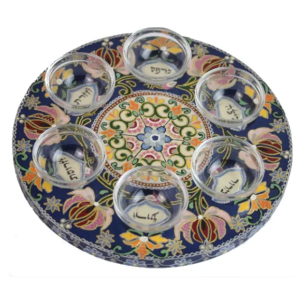 Navy Blue Floral Wooden Seder Plate With Gold Accents – Includes Glass Bowls 1