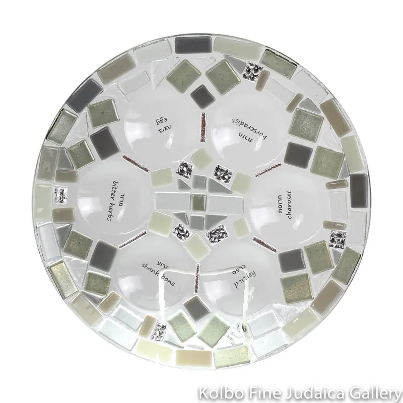 One-Of-A-Kind Seder Plate – Gray & Silver Fused Glass Mosaic With Platinum-Gold Lettering 1