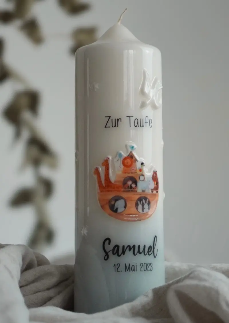 Personalized Noah’S Ark Baptism Candle – Unisex Design 1