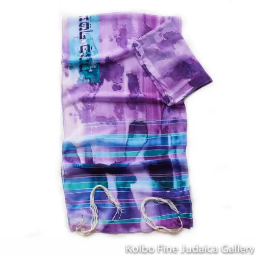 Purple Watercolor Tallit Set With Blue And Aqua Stripes On Chiffon 1
