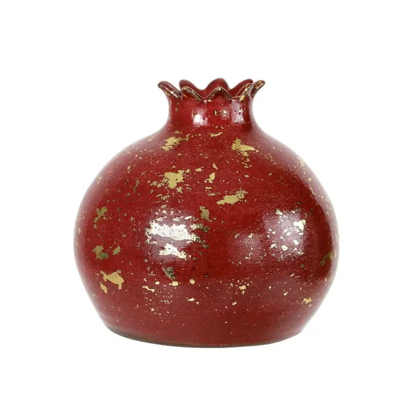Red-Glazed Pomegranate Sculpture – Gold-Trimmed High-Fire Ceramic Art 1