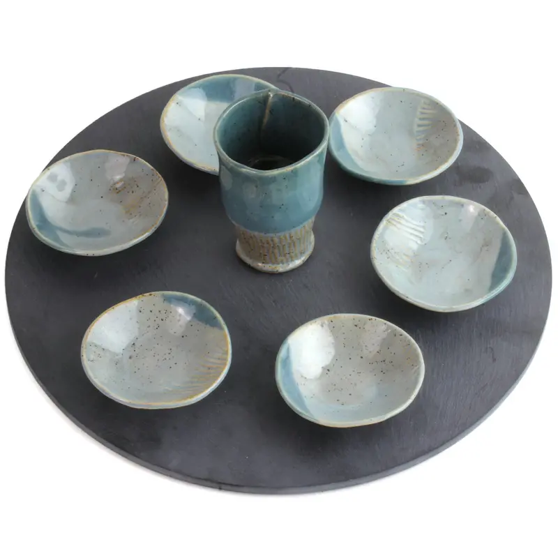 Rounded Natural Slate Seder Plate And Cup Set With Artisan Ceramic Components 1