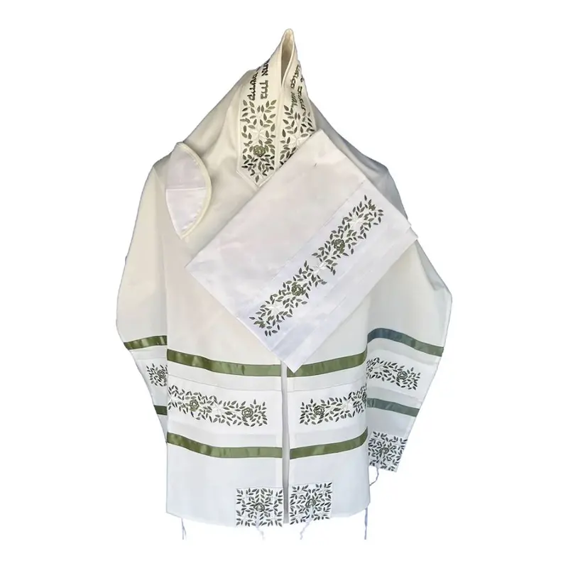 Sage Green Embroidered Tallit Set On Brushed White Cotton Fabric 1