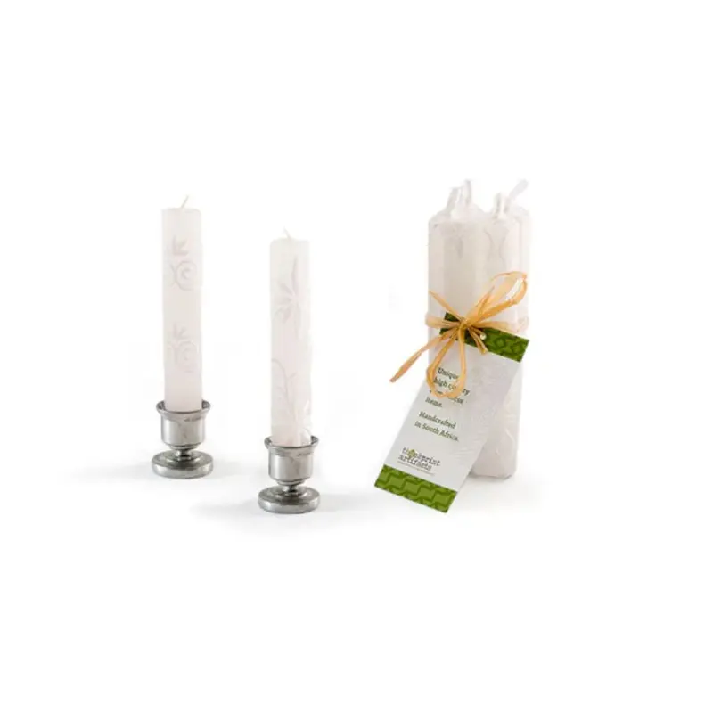 Set Of Four Hand-Painted White-On-White Shabbat Candles (4" Height) 1