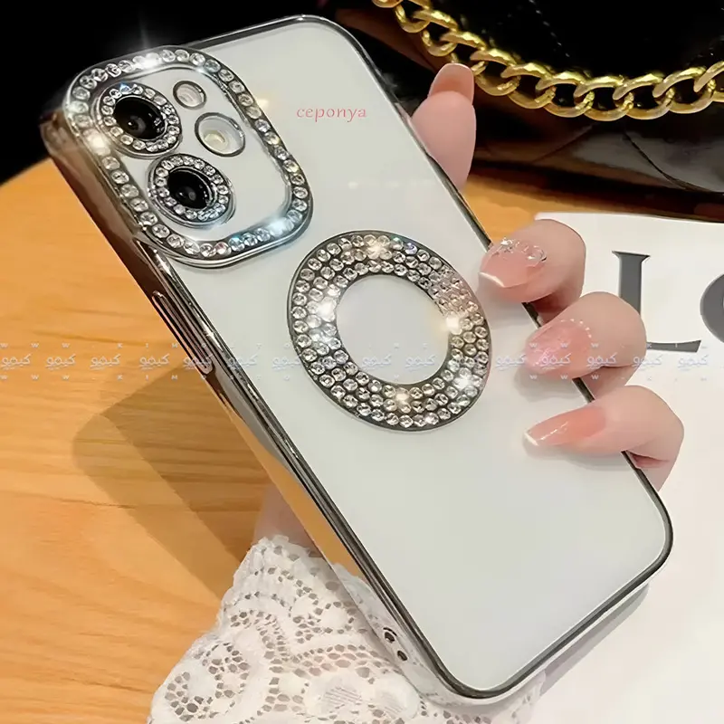 Silver Electroplated Glitter Phone Case With Sparkling Rhinestones 1
