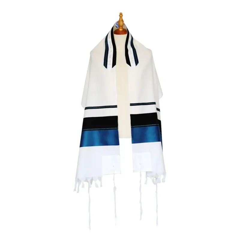 Steel Blue And Black Tallit Set With Raised Blue Stitching – Soft Wool Three-Piece 1