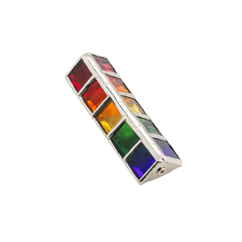 Sterling Silver-Plated Mezuzah Case With Rainbow Stained Glass Inlay 1