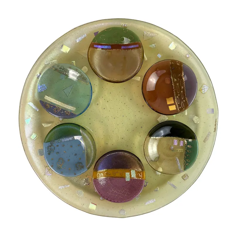 Symbols Of Spring Seder Plate – Hand-Drawn 22K Gold Luster On Fused Iridized Glass 1
