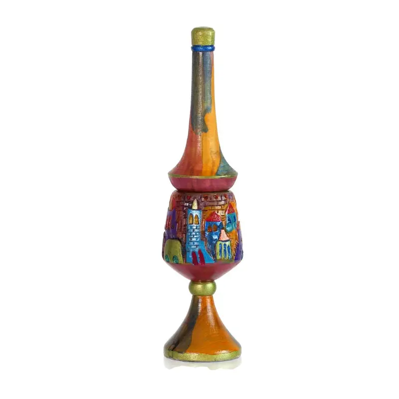 Tall Hand-Painted Olive Wood Spicebox With Intricate Jerusalem Carving 1