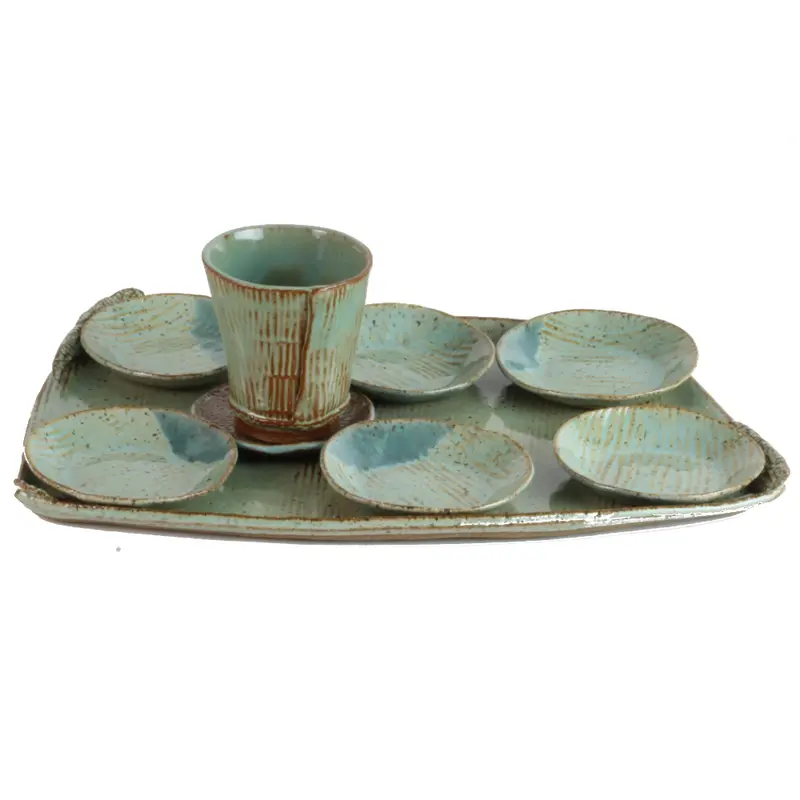 Textured Green Ceramic Seder Plate And Cup Set – Unique Rectangular Design 1
