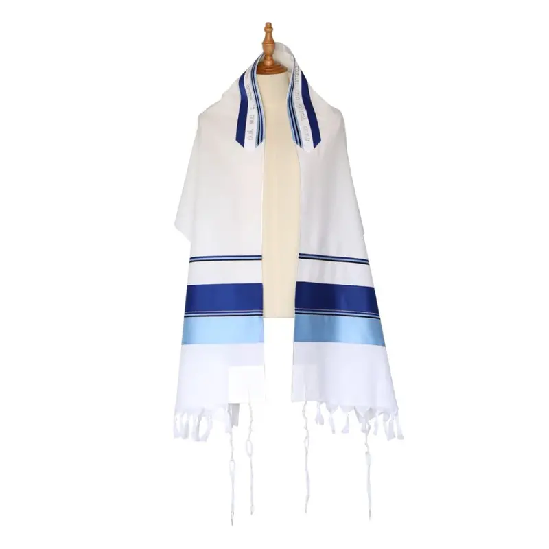 Three-Piece Light Wool Tallit Set With Multi-Blue Striped Design 1