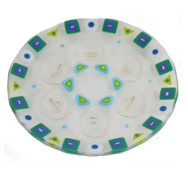 Unique Geometric Seder Plate With Green And Gold Dichroic Fused Glass 1