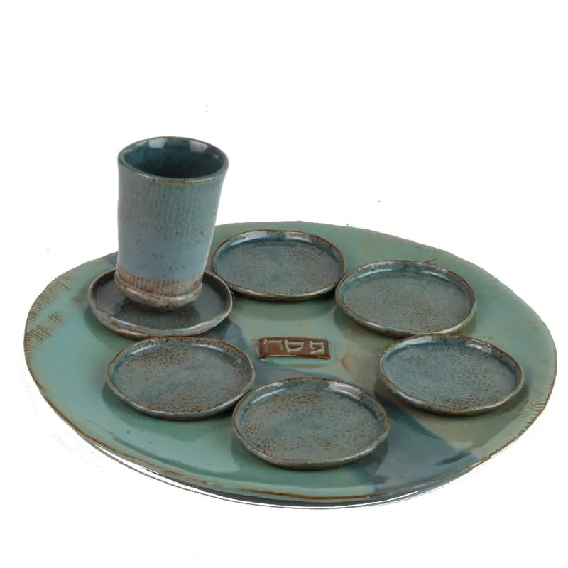 Unique Round Green-Glazed Ceramic Seder Plate And Matching Cup Set 1